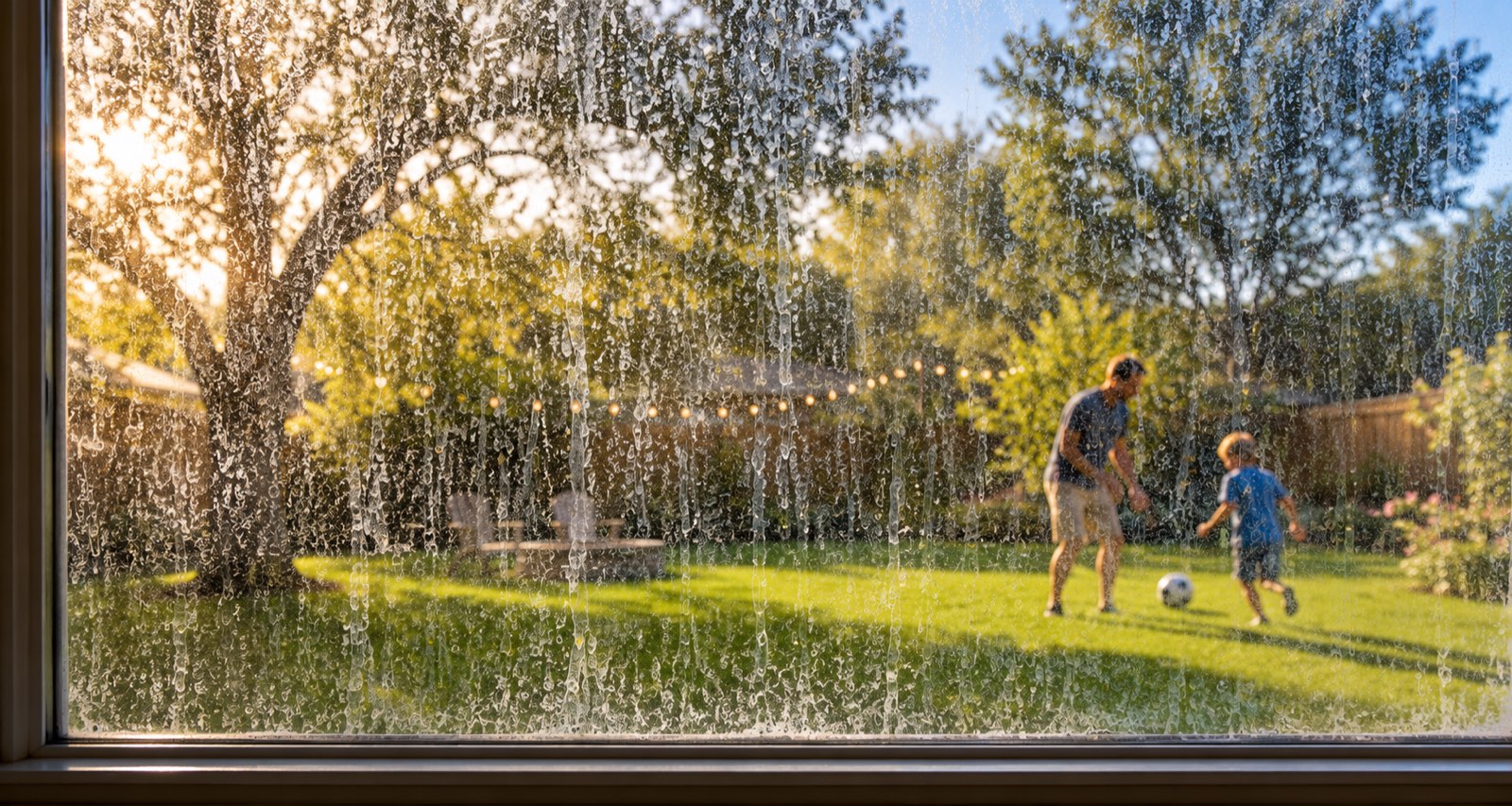 Hard water staining and mineral streaks on a residential window looking out over an Austin backyard at golden hour