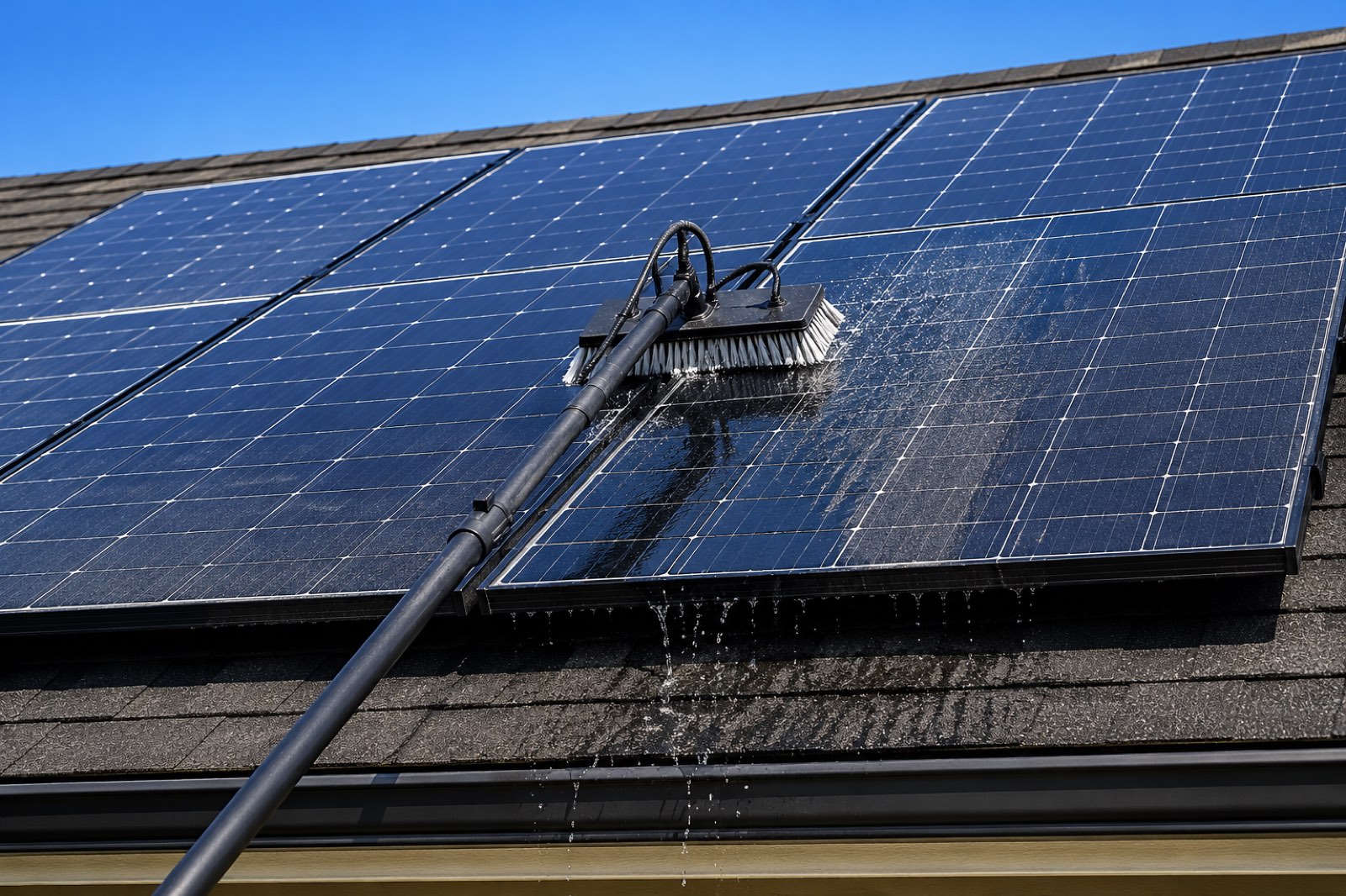 Professional cleaning rooftop solar panels with a water-fed pole and soft brush in Austin, Texas